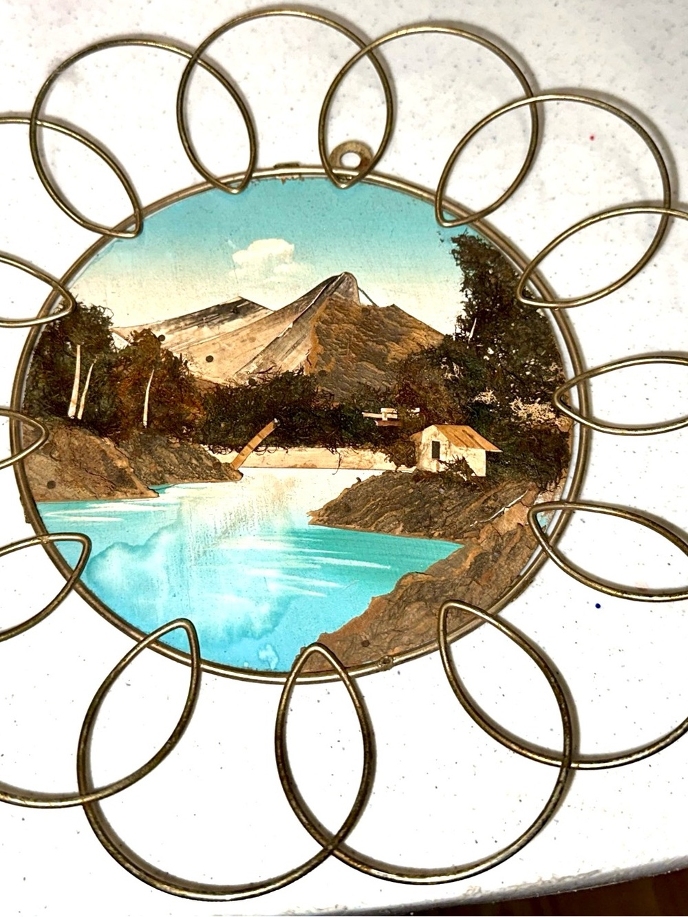 Vintage Birch Scenic 3d Landscap  with Gold Wire Frame - Turquoise Mountain Lake